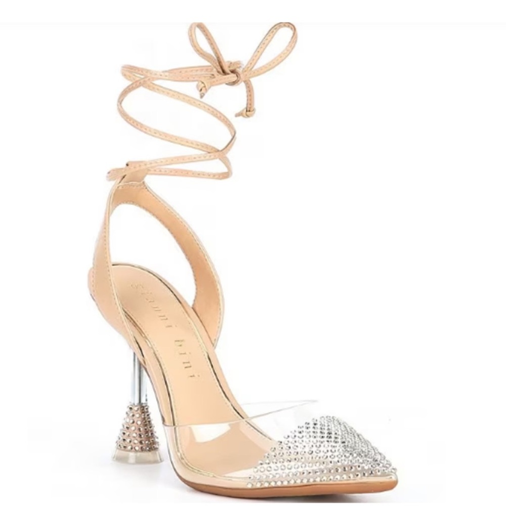 Gianni Bini Romee Clear Rhinestone Wrap-Up Dress Pumps.